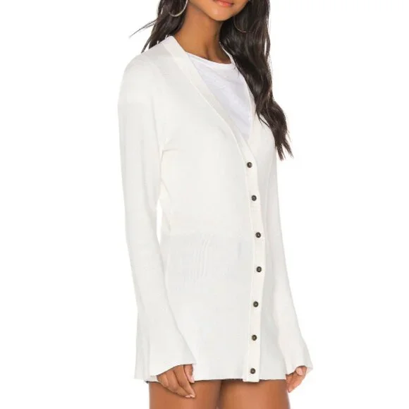 L'AGENCE 'Lucas' Ribbed-Knit Long-Line Cardigan Sweater, Ivory - Picture 2 of 3